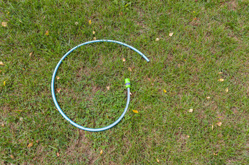 A piece of irrigation hose is lying on the grass