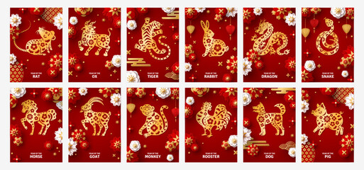 Posters Set for Chinese New Year Calendar, 12 Zodiac animals. Vector illustration. Asian Lanterns, 3d Paper cut Flowers, Red Background. Lunar horoscope, rabbit, dragon logo, snake icon, horse, goat - obrazy, fototapety, plakaty
