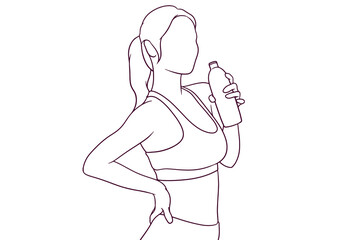 woman in fitness suit holding a bottle of water hand drawn style vector illustration