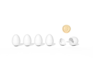 3D bitcoin holding icon hatched from egg isolated on white background 3d rendering. 3d render illustration trading, mining sign and Cryptocurrency blockchain technology concept.