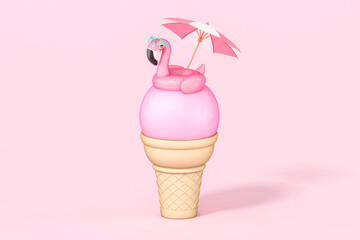 Pink ice cream with flamingo and beach umbrella on top on pastel abstract summer background 3d rendering. 3d illustration Summer season design modern style minimal concept.
