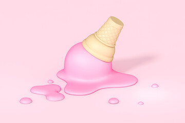 Melted ice cream under waffle cones on pastel pink background 3d rendering. 3d illustration ice cream cone has dropped upside down, summer fast food frozen dessert minimal concept.