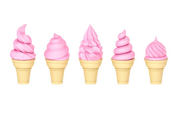 Pink soft ice cream in waffle cones set, isolated on white background 3d rendering. 3d illustration american sundae swirl, Summer season and Fast food restaurant frozen dessert minimal concept.
