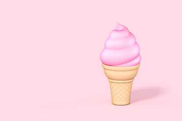 Pink ice cream on pastel abstract summer background 3d rendering. 3d illustration Summer season and Fast food restaurant frozen dessert minimal style concept.