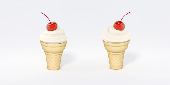 Whipped cream and cherry in waffle cones on white backgrounds 3d rendering. 3d illustration american sundae swirl, Summer fast food frozen dessert minimal concept.