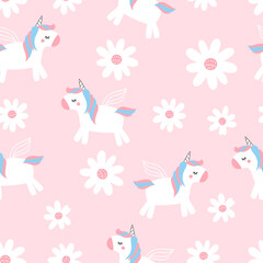 Seamless pattern with daisy flower and unicorn cartoons on pink background vector illustration.