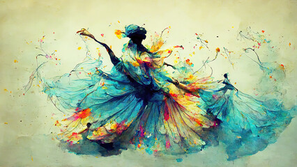 Dancing ballerina with a dress made of colorful splashes of paint