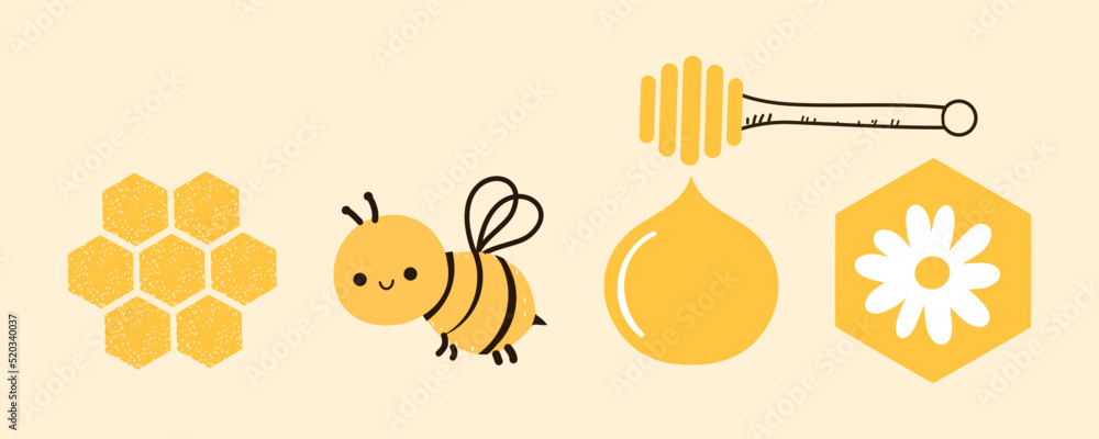 Wall mural Beehive honeycomb, bee cartoon, stick, drop and daisy flower sign logo on yellow background vector illustration.