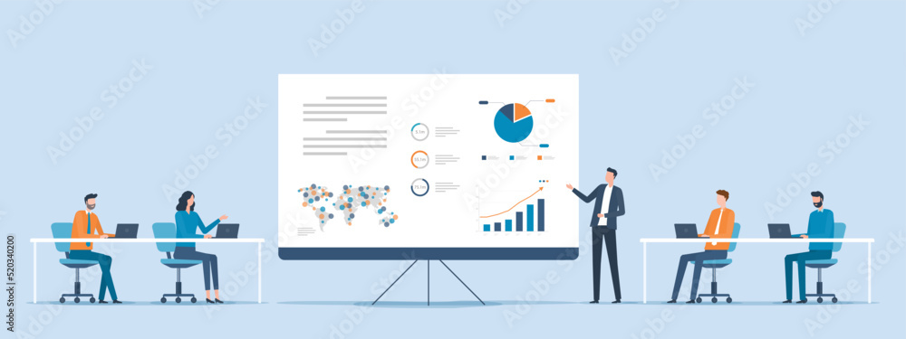 Leinwandbilder flat vector business team meeting and training collaboration with business man presentation infograp