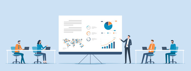 flat vector business team meeting and training collaboration with Business man 
 presentation infographic data on projector screen dashboard concept
