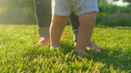 Walking children's bare feet on a green lawn close-up. Child learns to take the first steps on the...