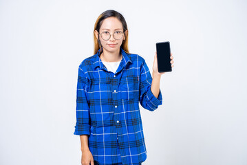 Woman holding smartphone isolate on white background.