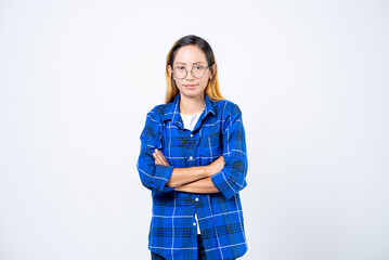 Asian woman standing while looking at camera isolate on white background.