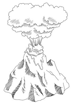 Volcano isolated eruption mountain graphic black white sketch landscape illustration vector