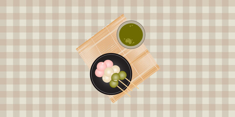 Sanshoku Dango Three Coloured Shiratama Rice Dumplings with green tea.Japanese sweets.