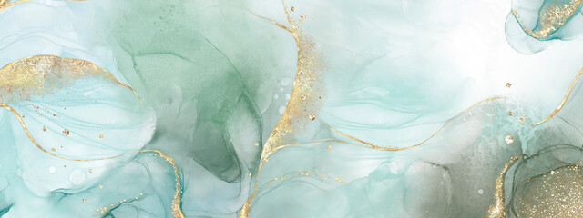 Abstract fluid art with green alcohol ink technique and gold splash