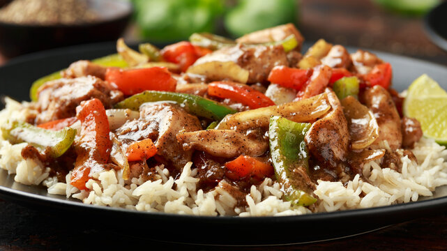 Stir fry pepper chicken with sweet peppers, onion, garlic and ginger