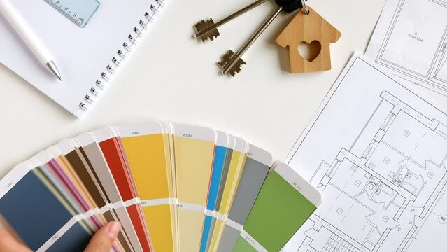 Hands choosing Colors of Interior Design from the Color Guide. Apartment Sketch, Paint palette, Model of House and Keyring on the Background. Architect Using Color Swatch. House Plan with Blueprints