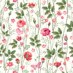 seamless floral pattern with roses and butterflies on white background - 520343072