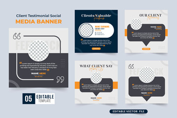 Customer feedback review or testimonial template collection with dark color. Business client testimonials bundle design for websites. Customer feedback testimonial set with rating sections.