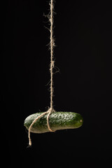 Cucumber hanging on a rope on a black background