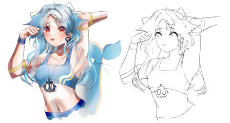 Cute fashionable  girl. Digital illustration. Coloring page.