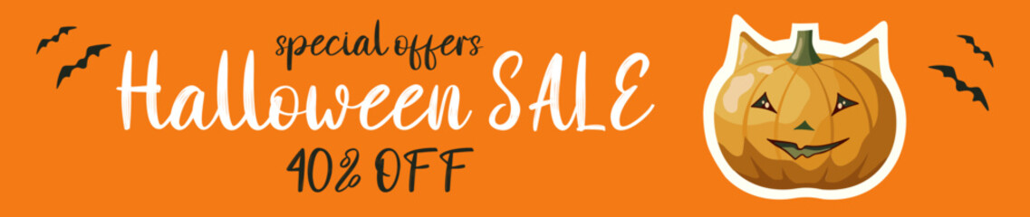 Banner for Halloween sale. Illustration with pumpkin and bat. Stage With pumpkin for promo and discount. October 31.