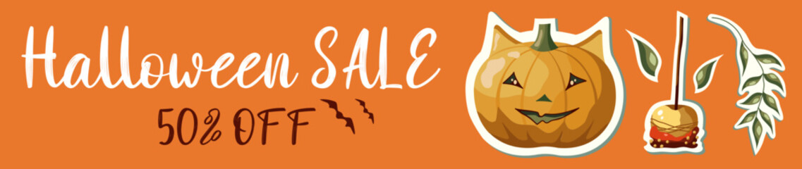 Banner for Halloween sale. Illustration with pumpkin and bat. Stage With pumpkin for promo and discount. October 31.