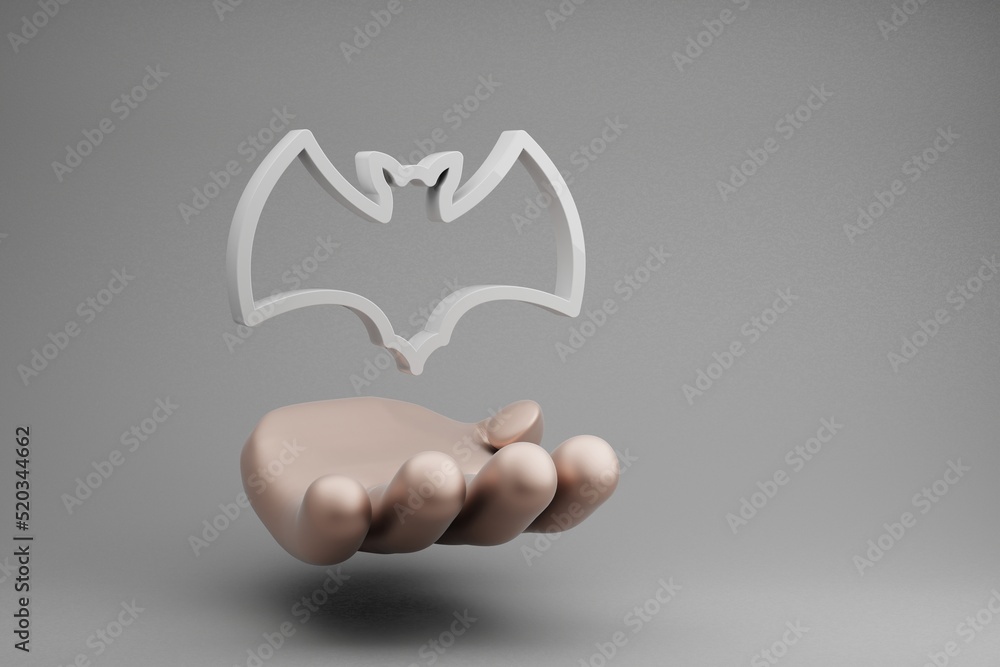 Poster beautiful abstract illustrations golden hand holding halloween bat symbol icon on a gray background.