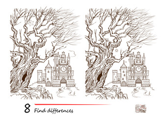 Find 8 differences. Illustration of ancient castle in the forest. Logic puzzle game for children and adults. Page for kids brain teaser book. Developing counting skills. Vector drawing. - obrazy, fototapety, plakaty
