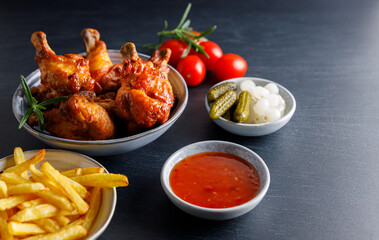 wood smoked chicken. Homemade wood smoked chicken legs with french fries and chili sauce on the side.