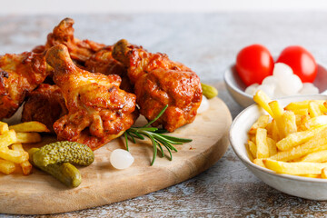 wood smoked chicken. Homemade wood smoked chicken legs with french fries and chili sauce on the side.