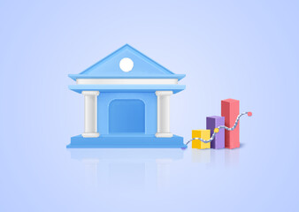3D banking and bar graph  concept business target goals concept, success, investing marketing. Pastel background. Minimal cartoon icon.