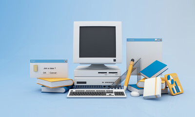 Back to school join to online learning with school supplies and equipment. laptop computer screen with phone and school accessories and textbooks on yellow and blue background. cartoon -3D Rendering