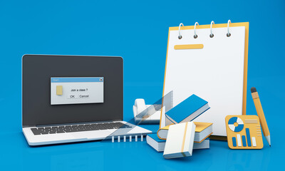 Back to school join to online learning with school supplies and equipment. laptop computer screen with phone and school accessories and textbooks on yellow and blue background. cartoon -3D Rendering