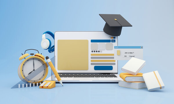 Back to school join to online learning with school supplies and equipment. laptop computer screen with phone and school accessories and textbooks on yellow and blue background. cartoon -3D Rendering