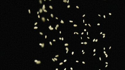 Close-up of white sesame seeds falling down on the black background. Stock footage. Concept of high quality food.