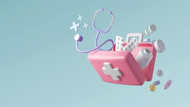 3d animation of Medical Box Equipment, cartoon style, First aid kit and drugs, healthcare concept background.