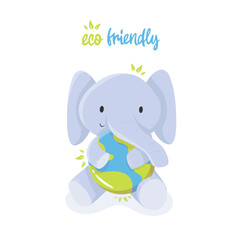 Cartoon illustration of an elephant with earth in support of ecology. save the planet