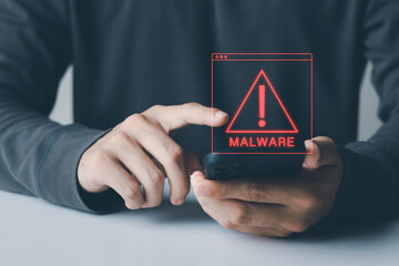 malware concept Cyber ​​crimes and prevention methods, smartphones showing malware and virus screens, hacking passwords and personal data.