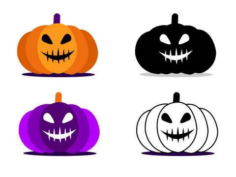Halloween pumpkin vector 4 icons set. Simple flat style design elements. Set of silhouette spooky horror images of pumpkins. Scary Jack-o-lantern facial expressions Illustration.