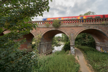 Fototapeta na wymiar Graffiti under Leatherhead bridge with speeding train