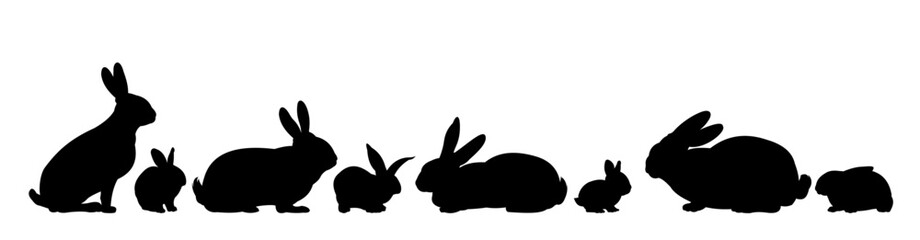 Set of Rabbits are grazing. Picture silhouette. Farm pets. Fur animals. Isolated on white background. Vector