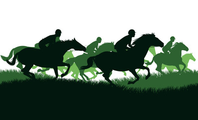 Jockey competition. Horses ride fast. Image silhouette. Sports and sporting pet animals. Isolated on white background. Vector