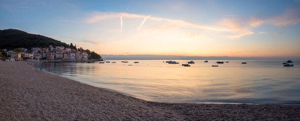 beautiful morning scenery at Moscenicka Draga beach sipar, adriatic ocean with boats