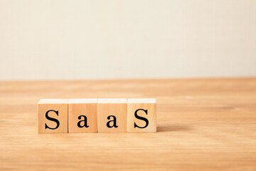 サース。SaaS。木製のブロックに描かれているDXの文字。