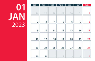 January 2023 Calendar Planner - Vector. Template Mock up