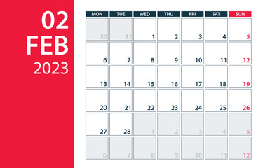 February 2023 Calendar Planner - Vector. Template Mock up