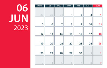 June 2023 Calendar Planner - Vector. Template Mock up