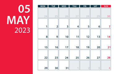May 2023 Calendar Planner - Vector. Template Mock up